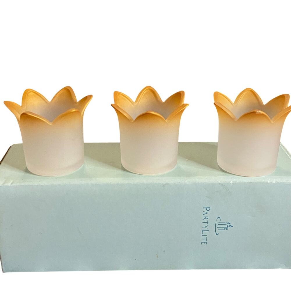 NIB Vintage Partylite P7233 Golden Candle Holders Set of 3 Frosted Glass